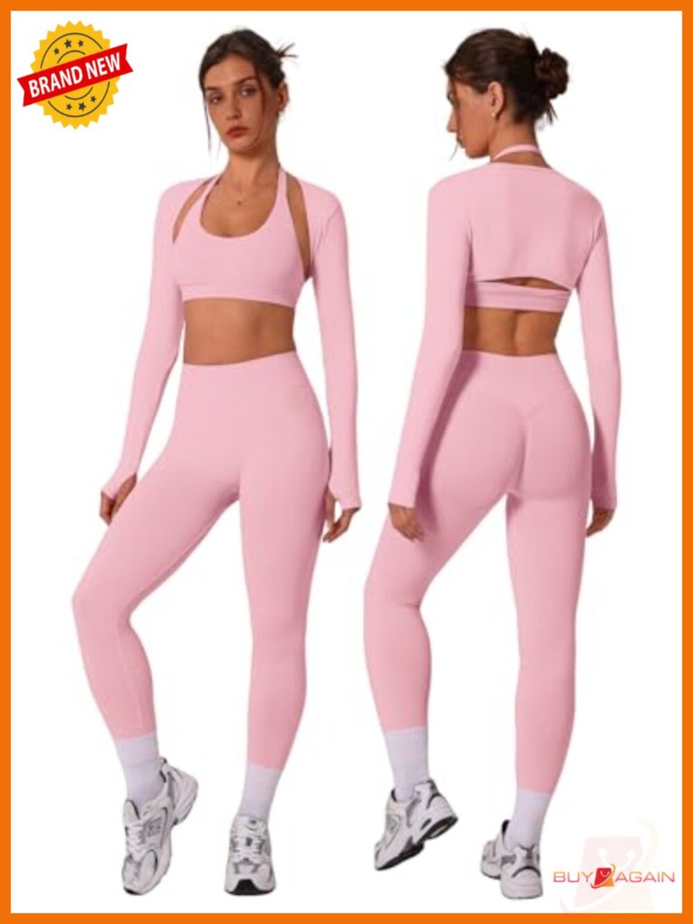 3 Piece Seamless Workout Sets Halter Sports Bra High Waist Leggings Long Sleeve